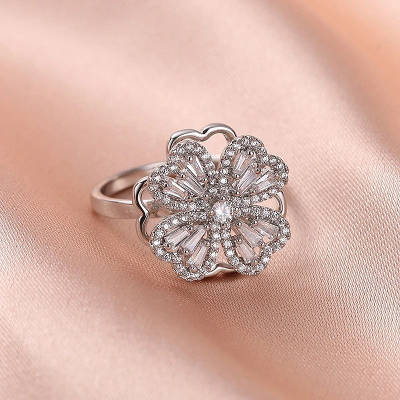 Elegant Flower-Shaped Diamond Ring | Sparkling Silver Jewelry for Women